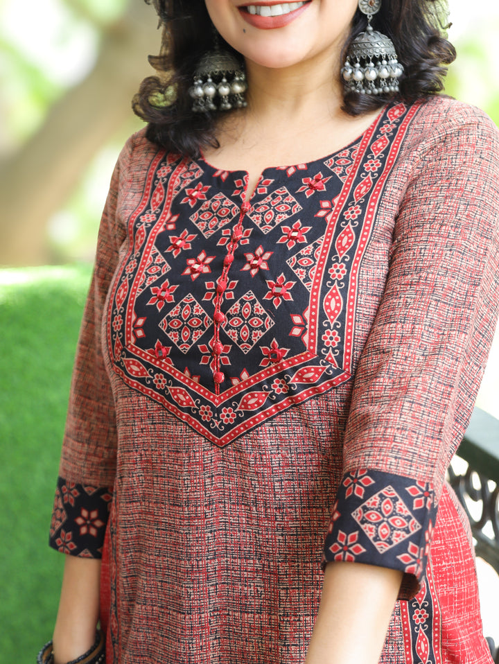 Saanvi Rosewood Red Ajrakh Rusted Checked Panel Cotton Kurti