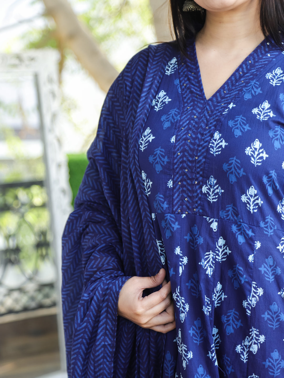 Anjani Indigo Blue V Neck Dabu Printed Anarkali Cotton 3 Piece Set D4