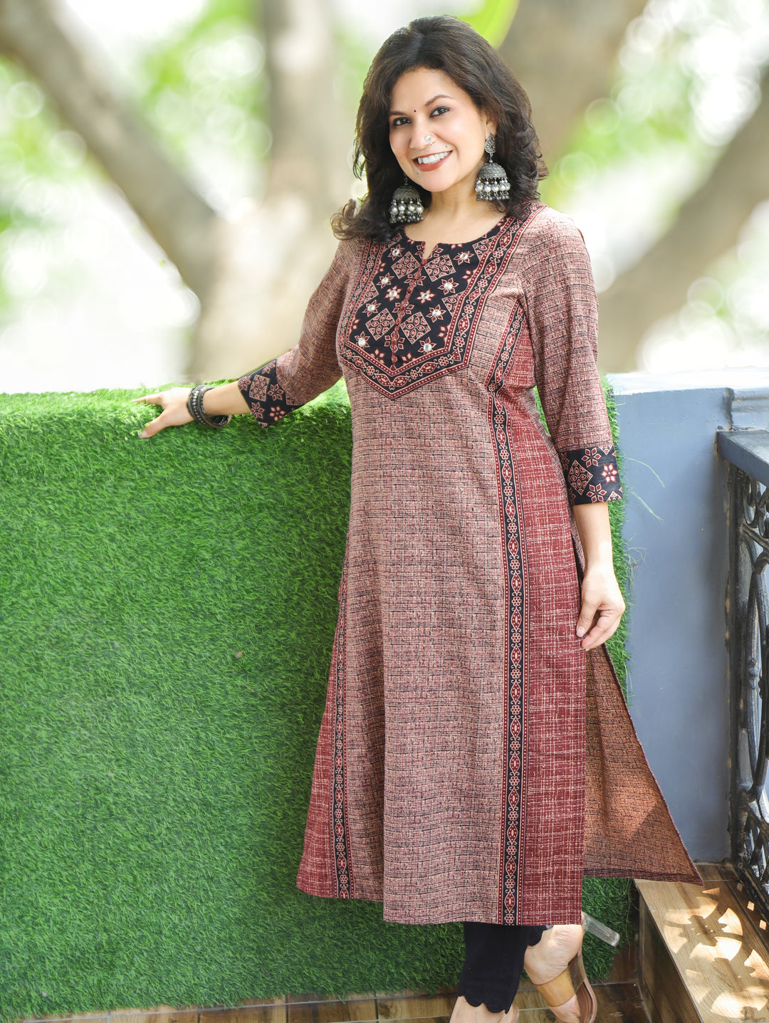 Saanvi Fireweed Brick Ajrakh Rusted Checked Panel Cotton Kurti