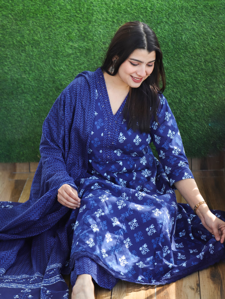 Anjani Indigo Blue V Neck Dabu Printed Anarkali Cotton 3 Piece Set D4