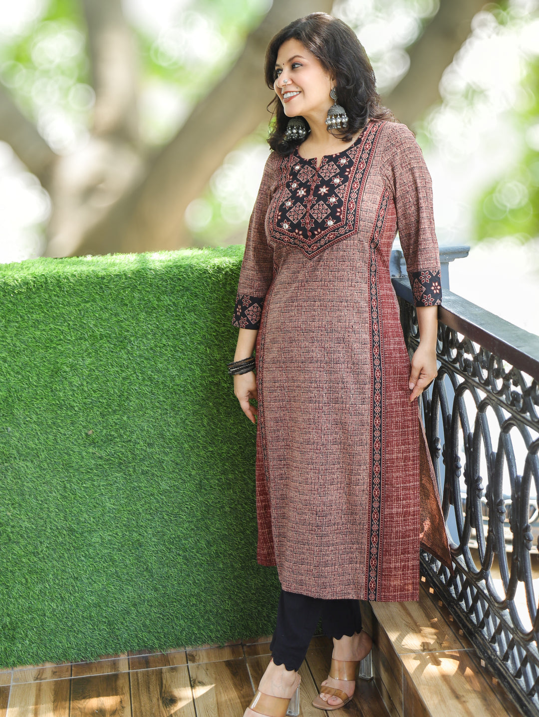 Saanvi Fireweed Brick Ajrakh Rusted Checked Panel Cotton Kurti
