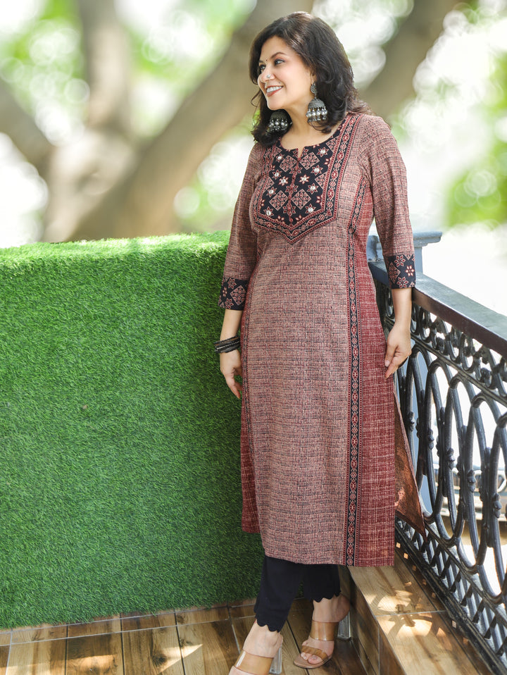 Saanvi Fireweed Brick Ajrakh Rusted Checked Panel Cotton Kurti