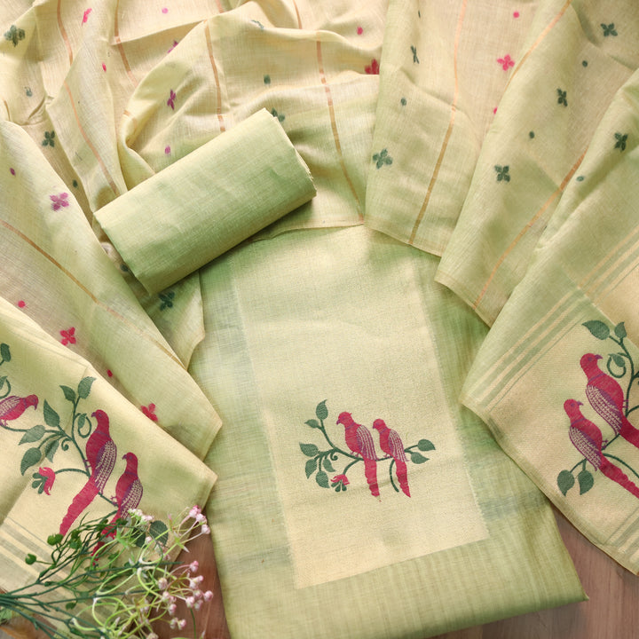 Kaashvi Mint Green Zari Weaved Neck with Authentic Jamdani Chanderi Suit Set