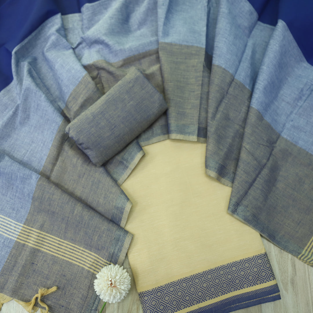 Falaq Beige With Dark Blue Dupatta Weaved Hem South Cotton Suit Set