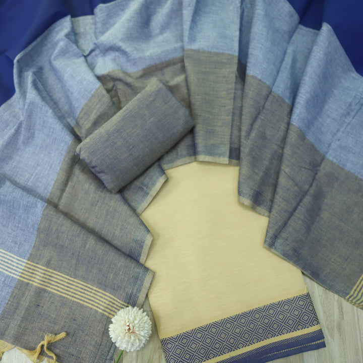 Falaq Beige With Dark Blue Dupatta Weaved Hem South Cotton Suit Set