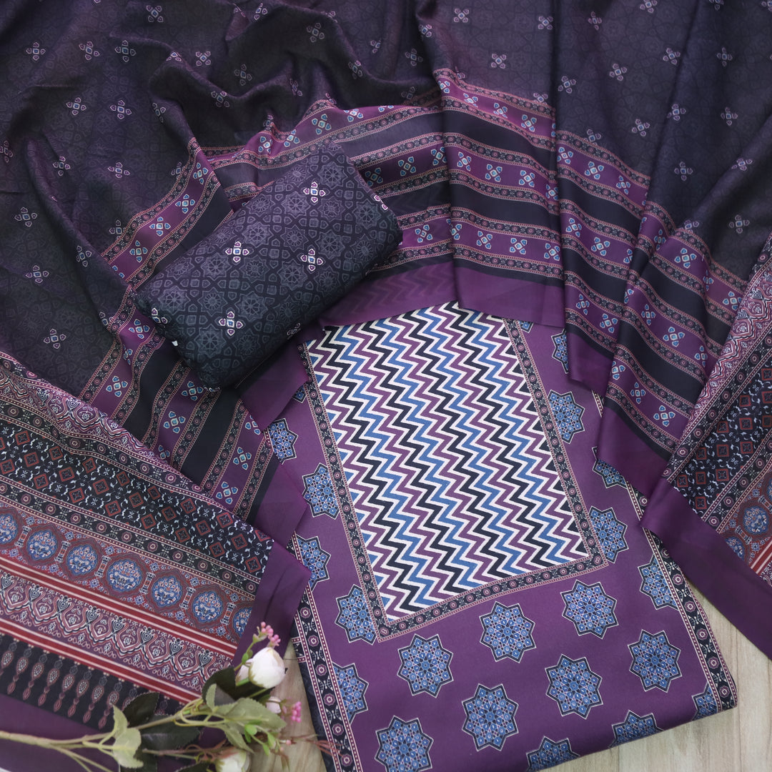 सुनहरी Purple Ajrak Placement Printed Semi Pashmina Winter Set