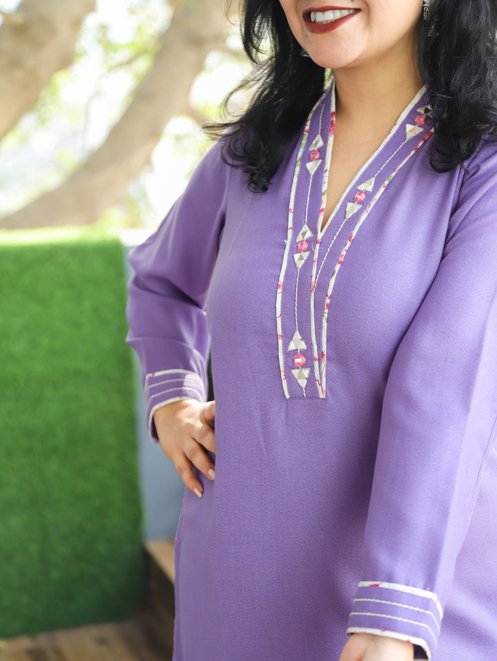 Priti Petal Lavender Semi Pashmina V-Neck Mirror Work Winter Kurti