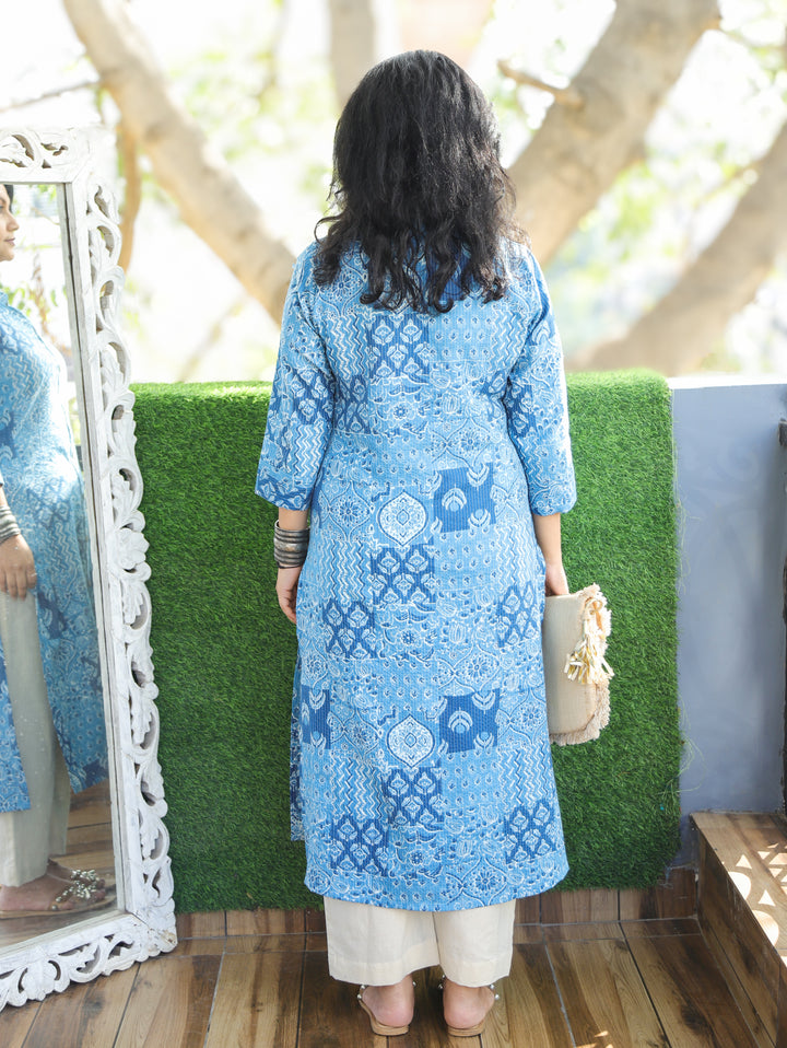 Manara Indigo Blue Ban Collar with Dabu Patches Kantha Button Down Work Cotton Kurti