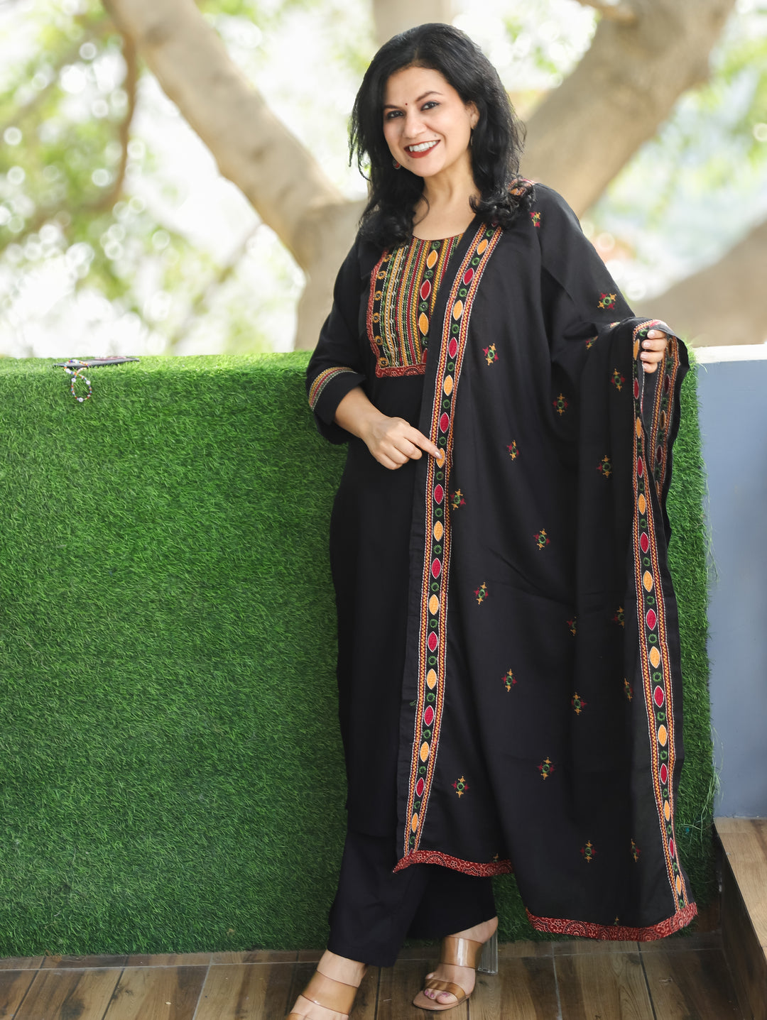 Laadli Midnight Black Embriodered Yoke with Patra Work Cotton 3 Piece Set