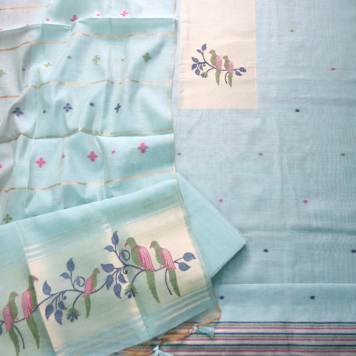 Kaashvi Powder Blue Zari Weaved Neck with Authentic Jamdani Chanderi Suit Set