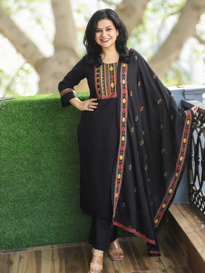 Laadli Midnight Black Embriodered Yoke with Patra Work Cotton 3 Piece Set
