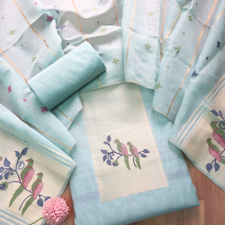 Kaashvi Powder Blue Zari Weaved Neck with Authentic Jamdani Chanderi Suit Set
