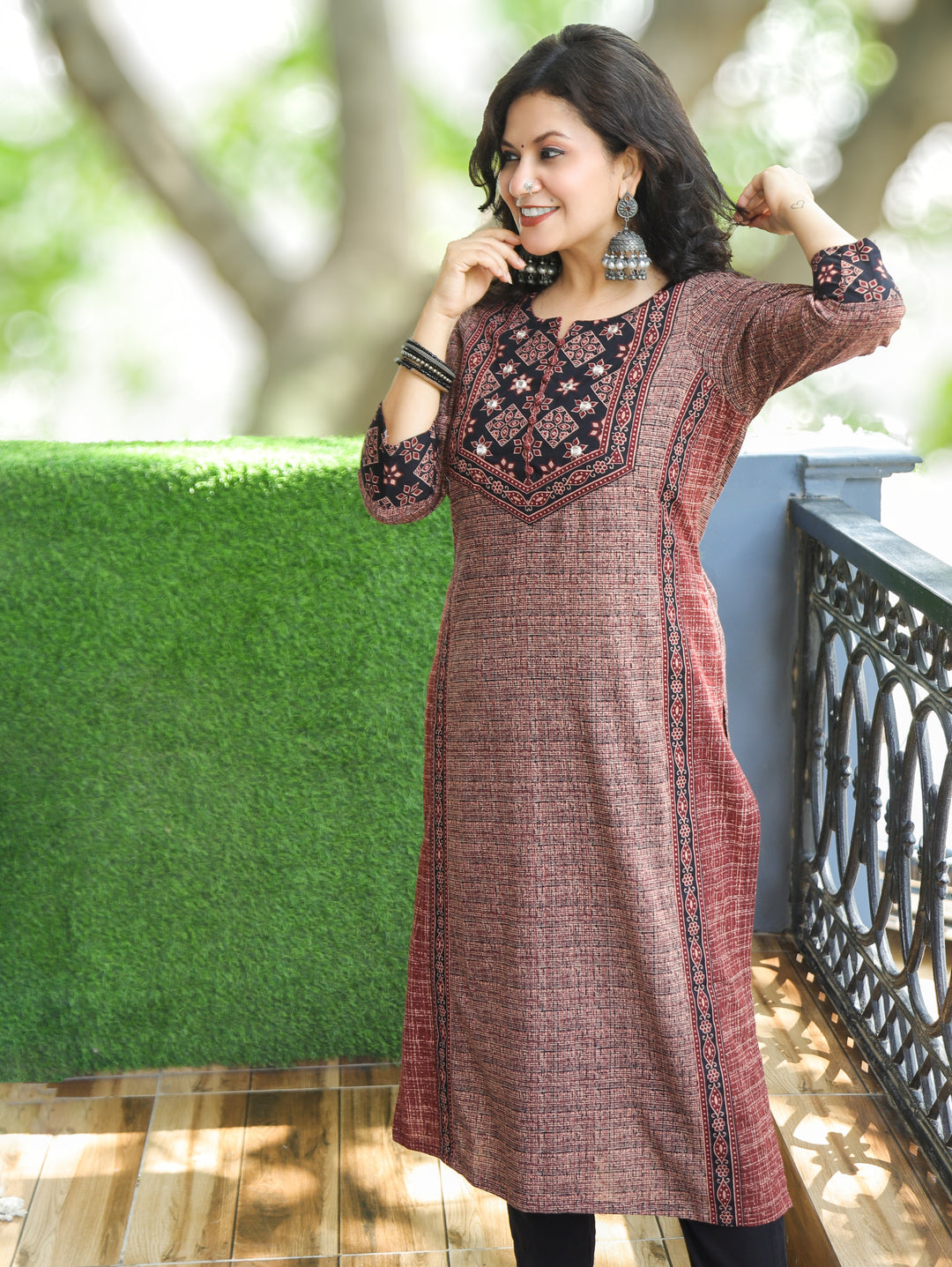 Saanvi Fireweed Brick Ajrakh Rusted Checked Panel Cotton Kurti