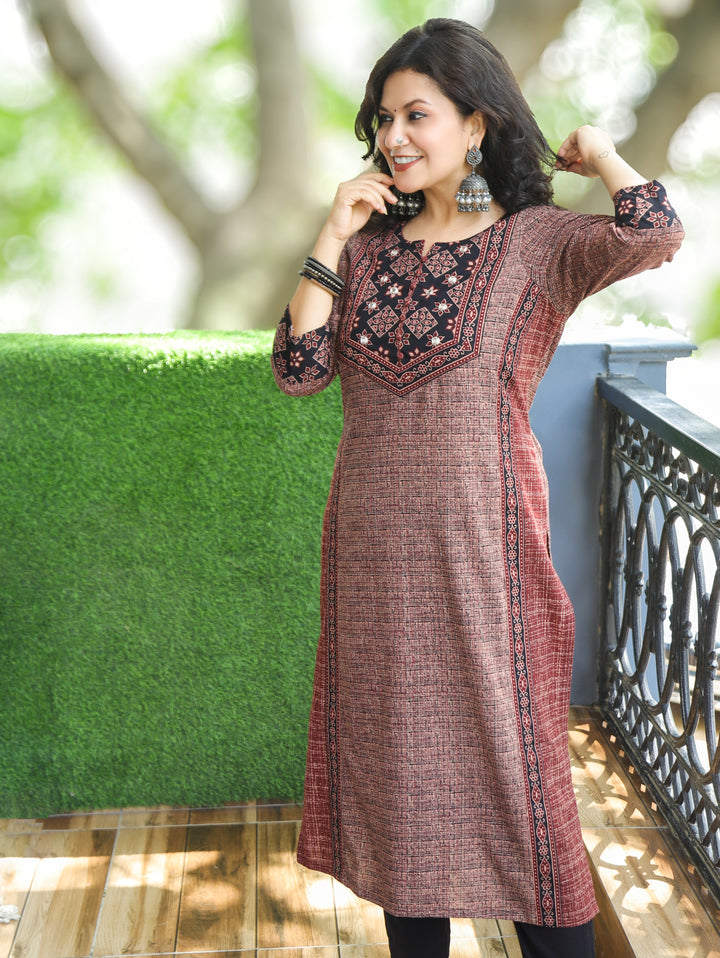 Saanvi Fireweed Brick Ajrakh Rusted Checked Panel Cotton Kurti