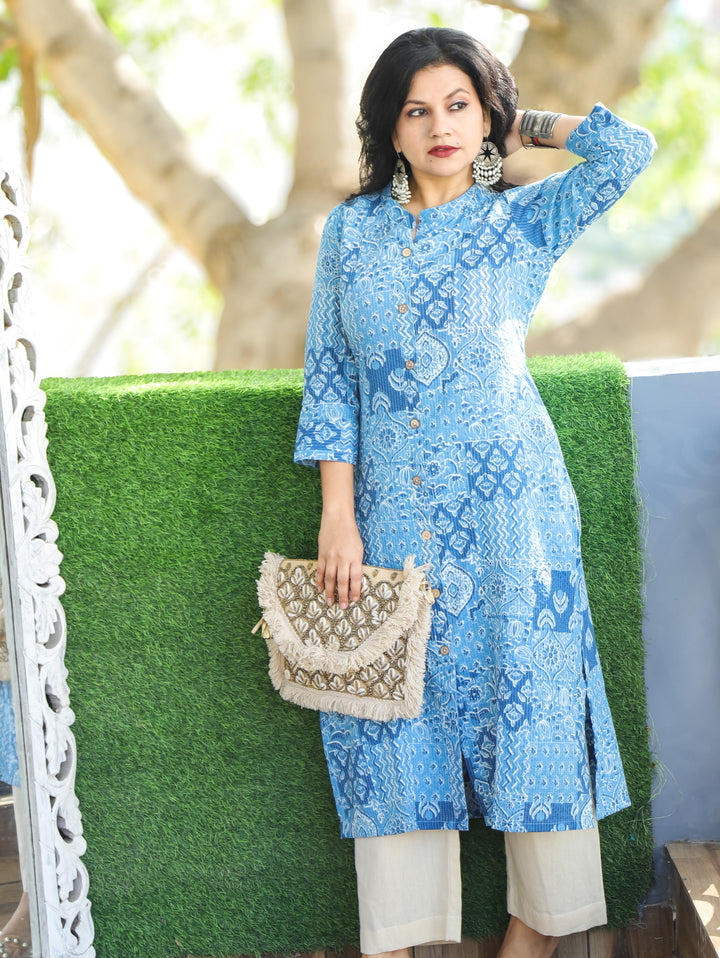 Manara Indigo Blue Ban Collar with Dabu Patches Kantha Button Down Work Cotton Kurti