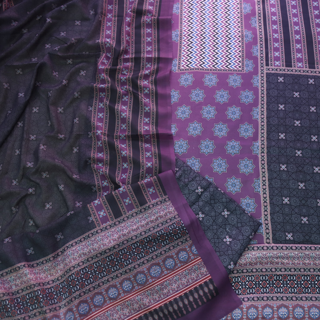 सुनहरी Purple Ajrak Placement Printed Semi Pashmina Winter Set