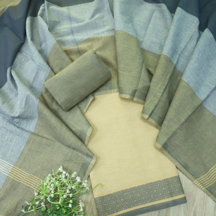 Falaq Beige With Grey Dupatta Weaved Hem South Cotton Suit Set