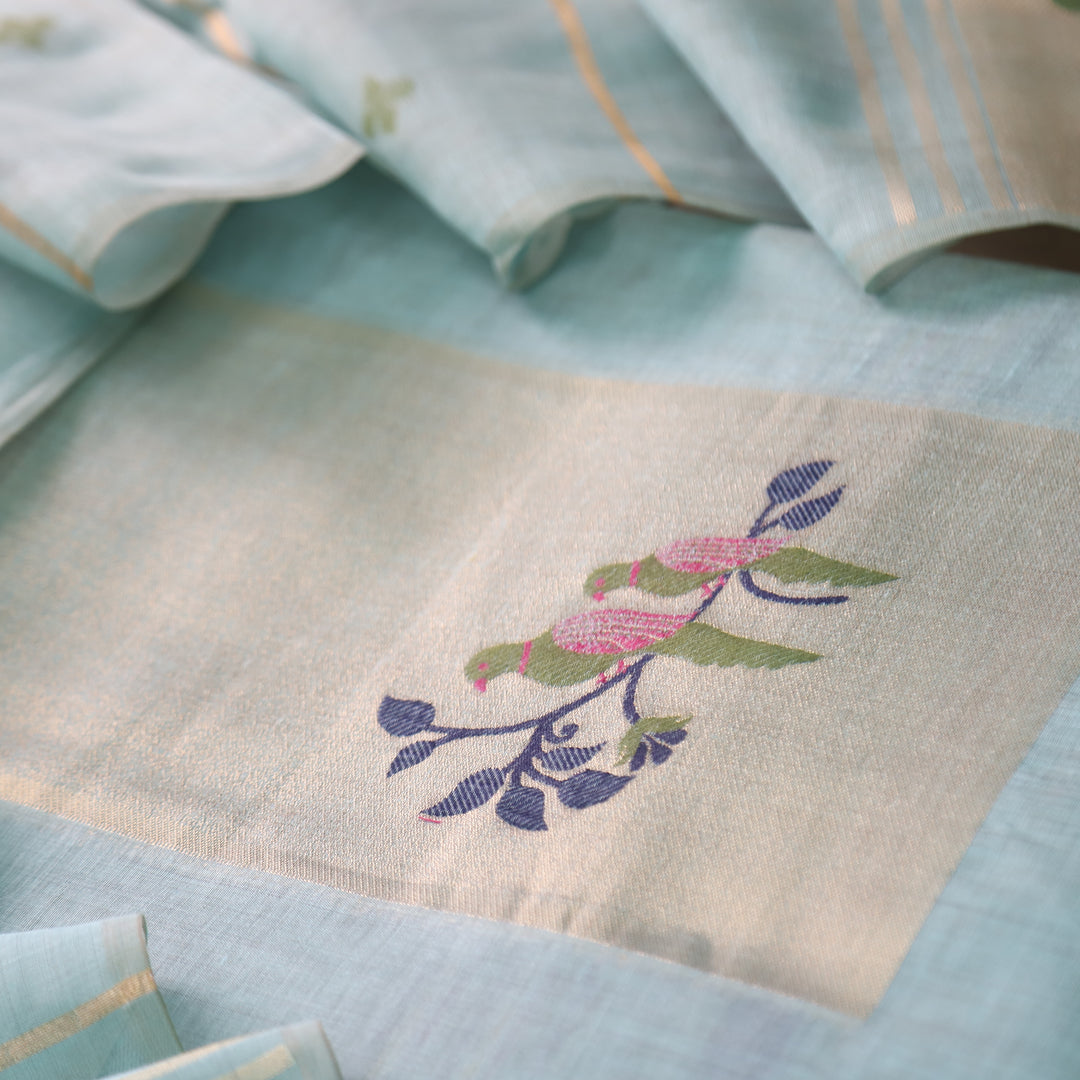 Kaashvi Powder Blue Zari Weaved Neck with Authentic Jamdani Chanderi Suit Set