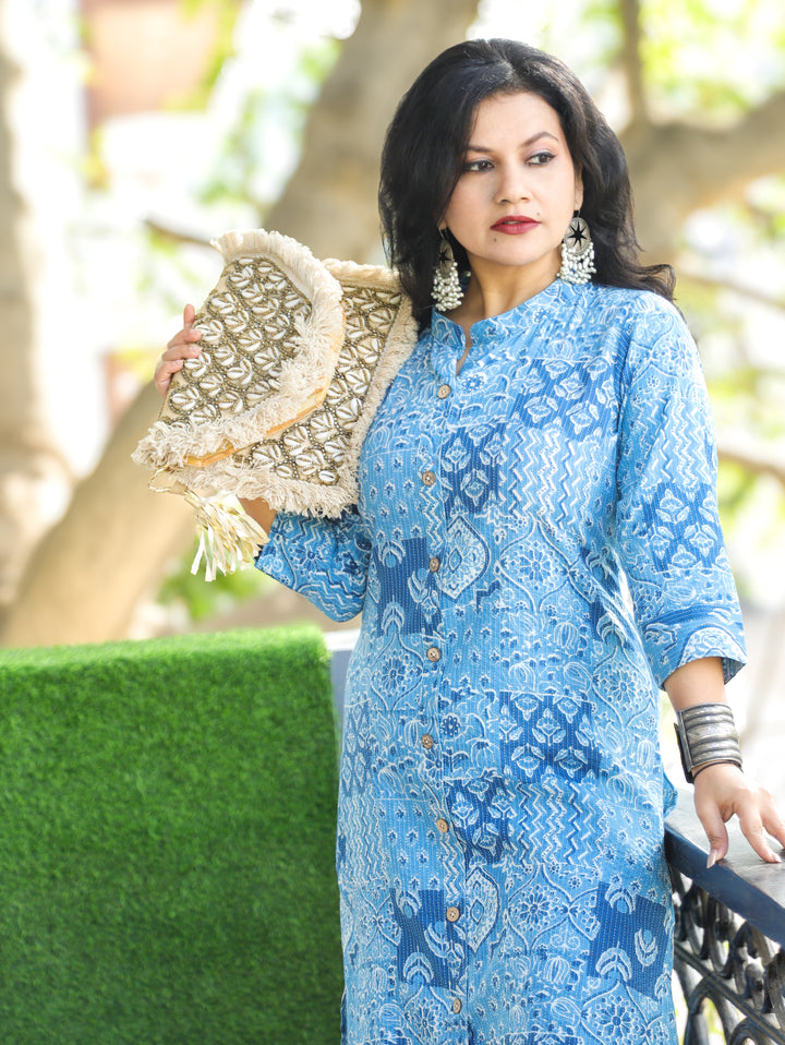 Manara Indigo Blue Ban Collar with Dabu Patches Kantha Button Down Work Cotton Kurti
