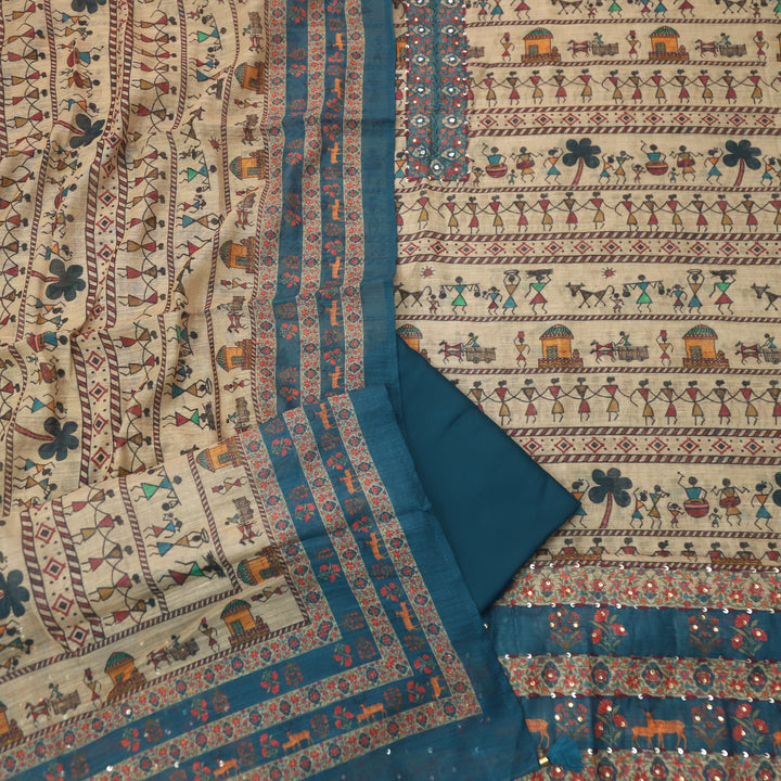 Reshmi Beige Patra Neck with Thread Details Teal Blue Verli Printed Cotton Linen Set D2