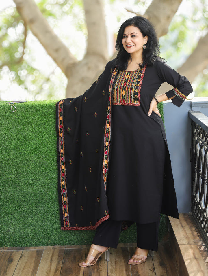 Laadli Midnight Black Embriodered Yoke with Patra Work Cotton 3 Piece Set