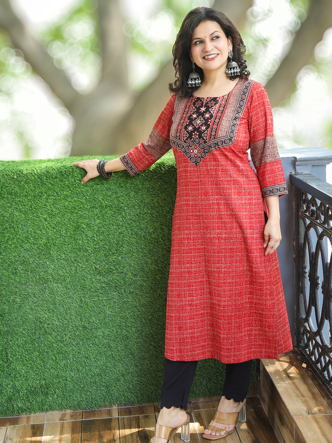 Zariya Berry Red Ajrakh Yoke Brush Painted Cotton Kurti