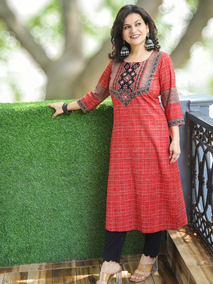 Zariya Berry Red Ajrakh Yoke Brush Painted Cotton Kurti