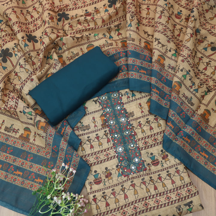 Reshmi Beige Patra Neck with Thread Details Teal Blue Verli Printed Cotton Linen Set D2