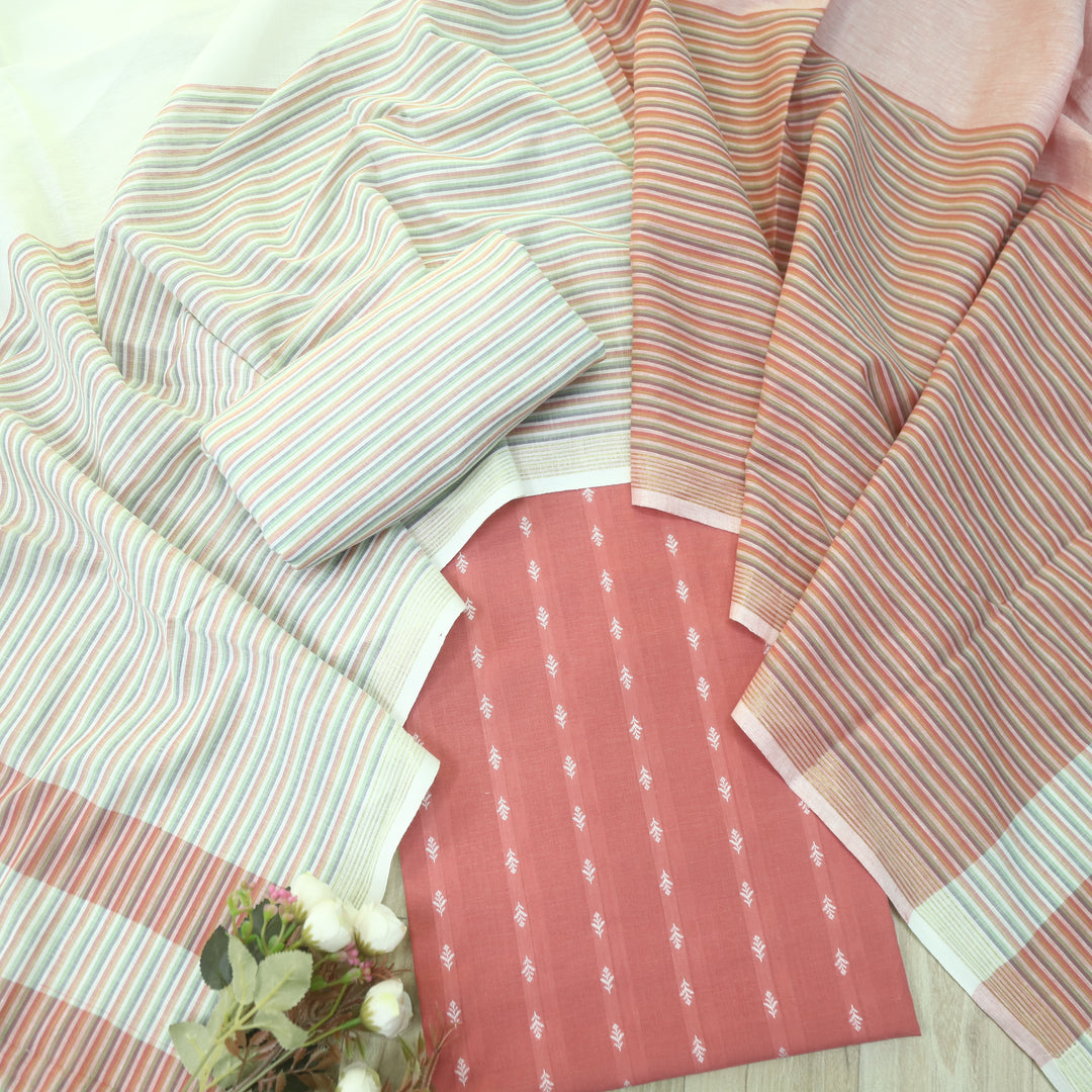 Falaq Rouge Pink With White Thread Weaved Handloom Cotton Suit Set