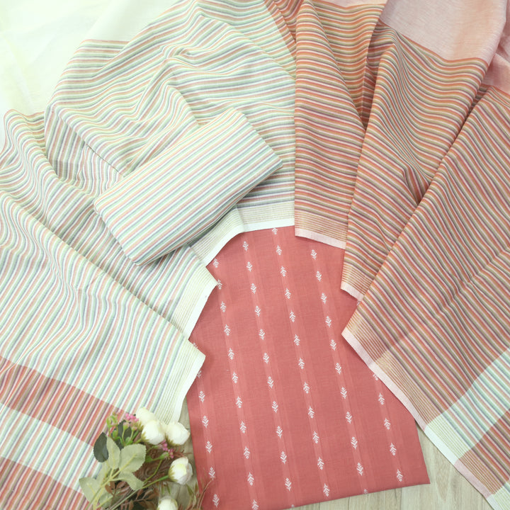 Falaq Rouge Pink With White Thread Weaved Handloom Cotton Suit Set