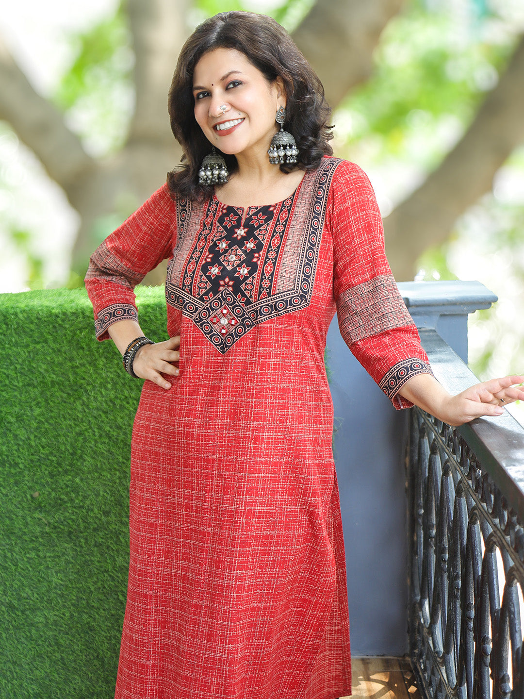 Zariya Berry Red Ajrakh Yoke Brush Painted Cotton Kurti