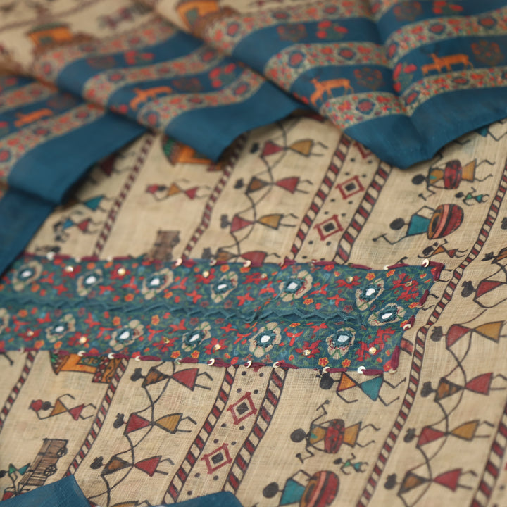 Reshmi Beige Patra Neck with Thread Details Teal Blue Verli Printed Cotton Linen Set D2