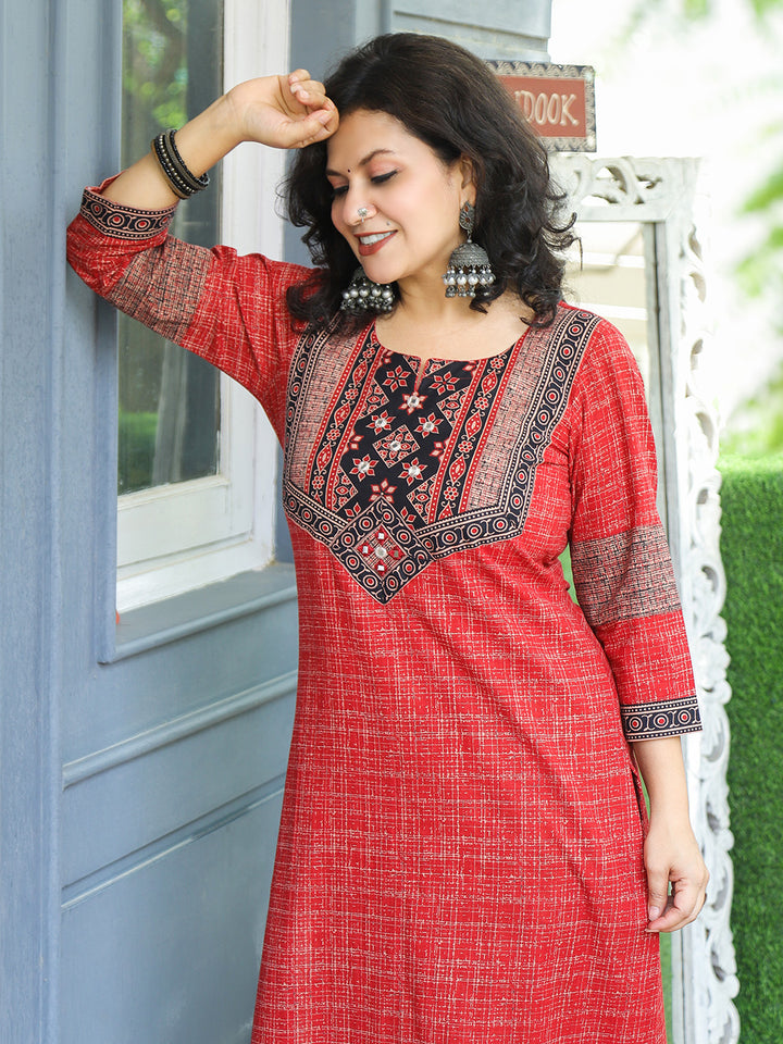 Zariya Berry Red Ajrakh Yoke Brush Painted Cotton Kurti