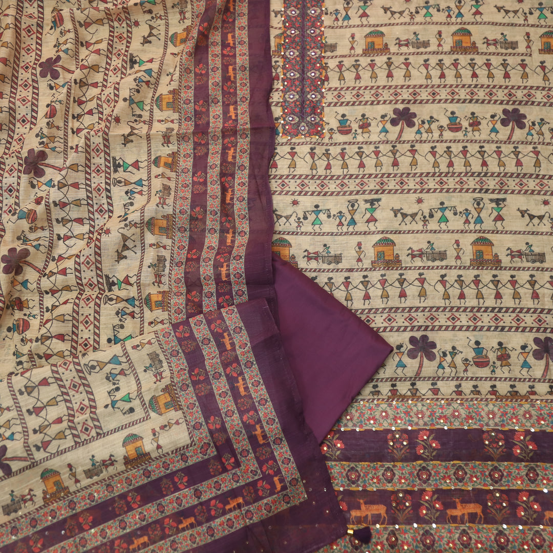 Reshmi Beige Patra Neck with Thread Details Wine Purple Verli Printed Cotton Linen Set D2