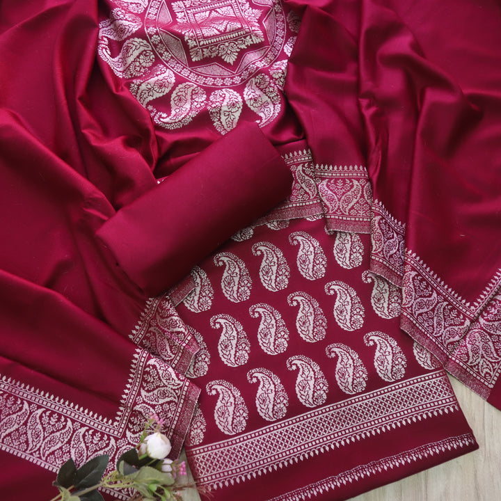 परछाई Claret Wine All Over Zari Weaved Semi Pashmina Winter Set