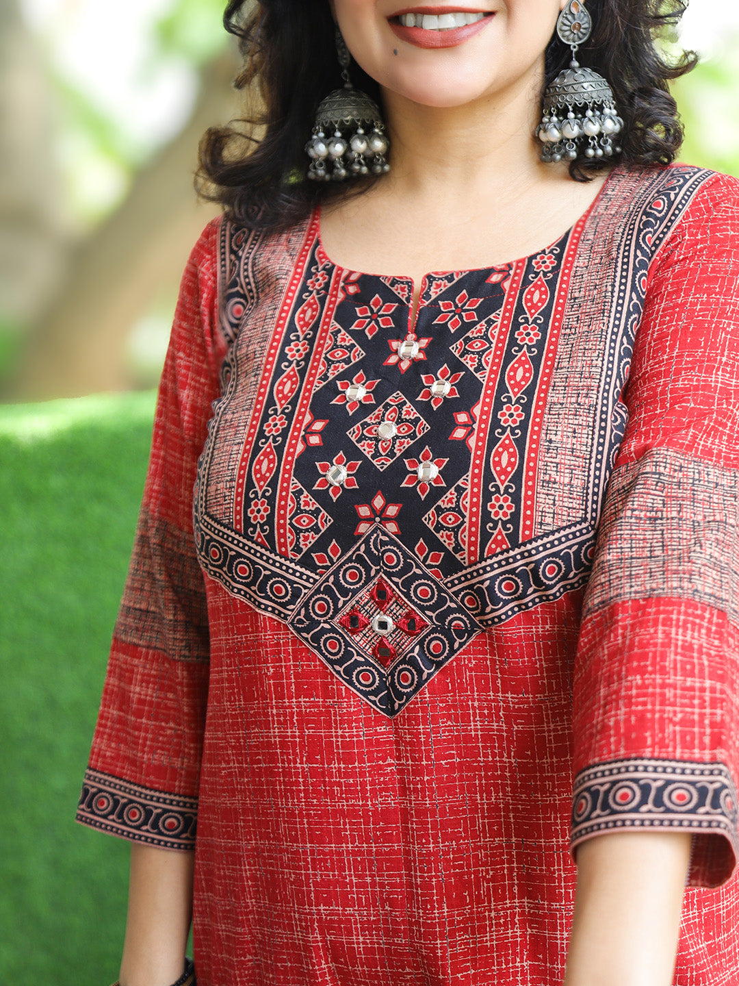 Zariya Berry Red Ajrakh Yoke Brush Painted Cotton Kurti