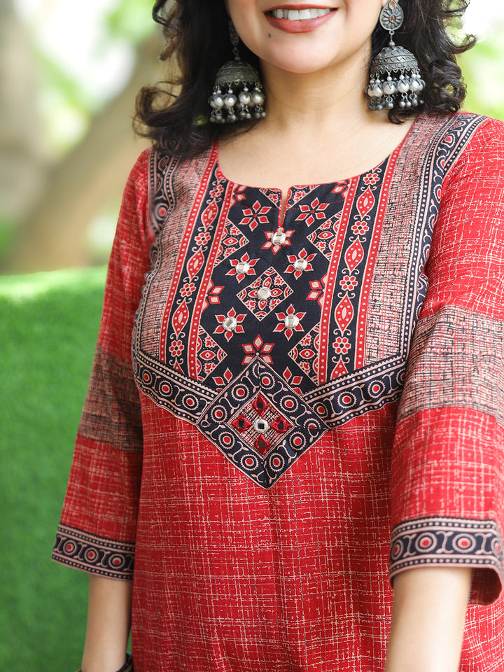 Zariya Berry Red Ajrakh Yoke Brush Painted Cotton Kurti