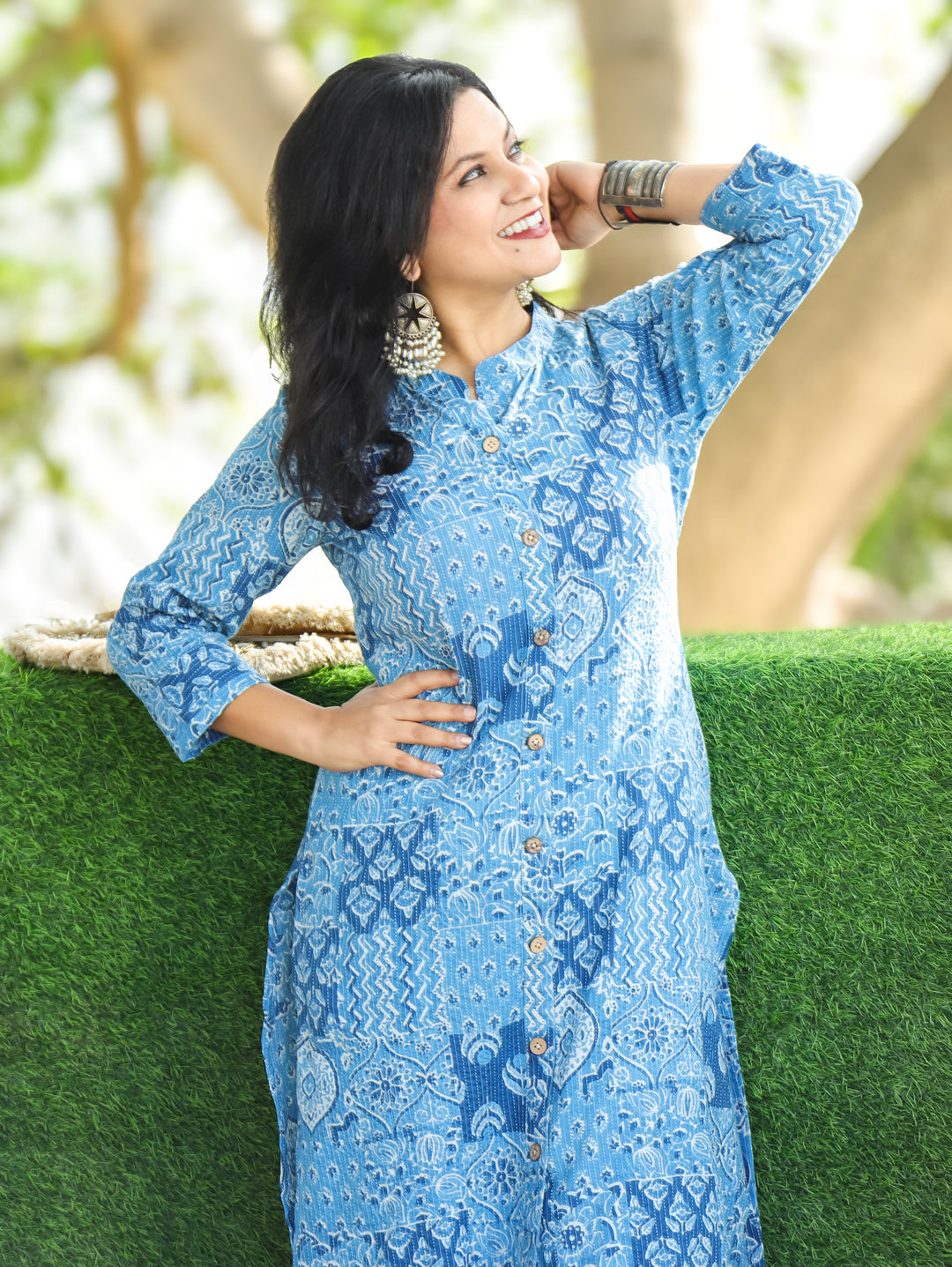 Manara Indigo Blue Ban Collar with Dabu Patches Kantha Button Down Work Cotton Kurti