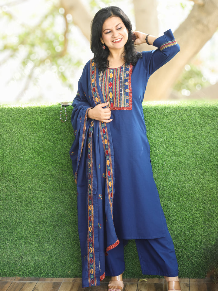 Laadli Royal Blue Embriodered Yoke with Patra Work Cotton 3 Piece Set
