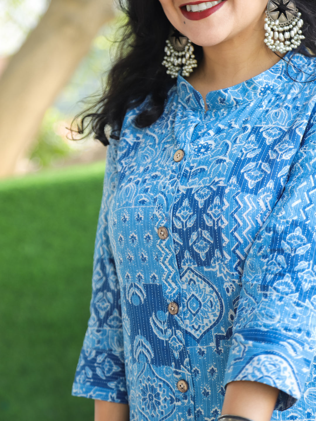 Manara Indigo Blue Ban Collar with Dabu Patches Kantha Button Down Work Cotton Kurti