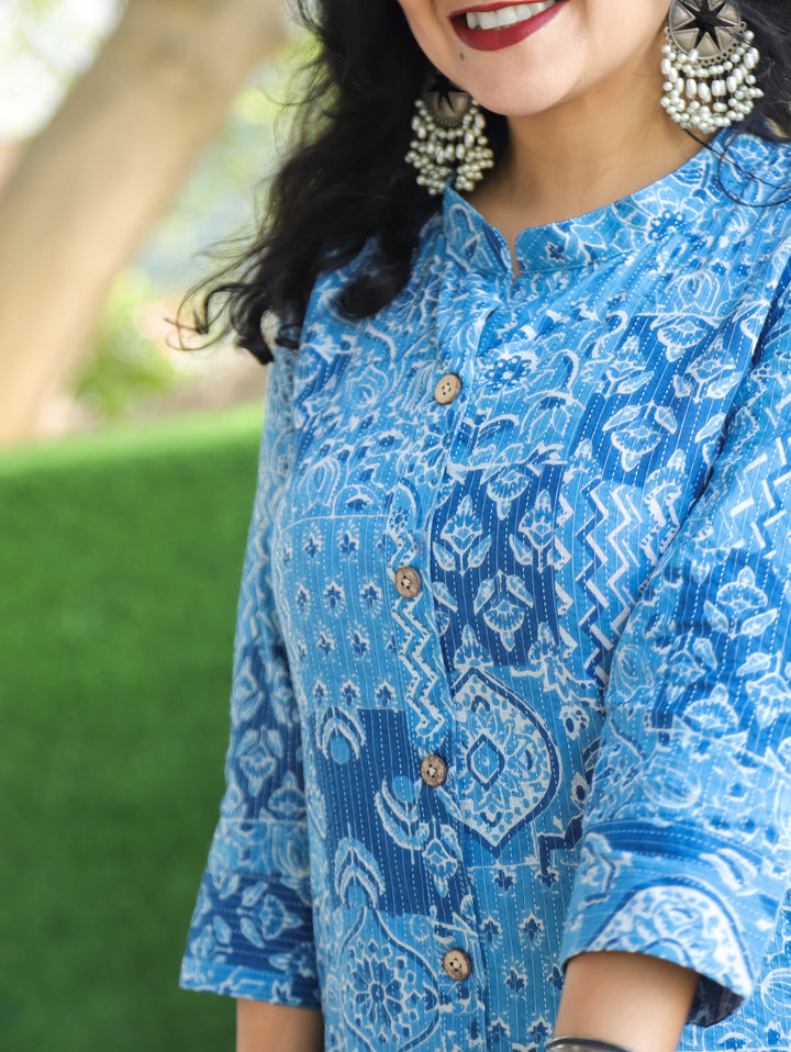 Manara Indigo Blue Ban Collar with Dabu Patches Kantha Button Down Work Cotton Kurti