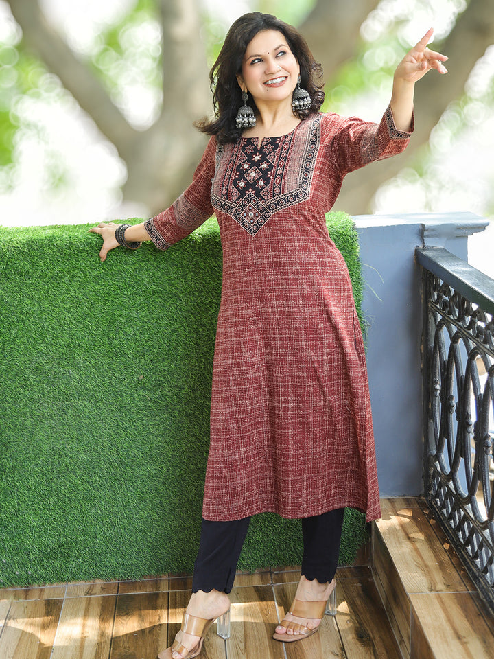 Zariya Maroon Red Ajrakh Yoke Rusted Checked Cotton Kurti