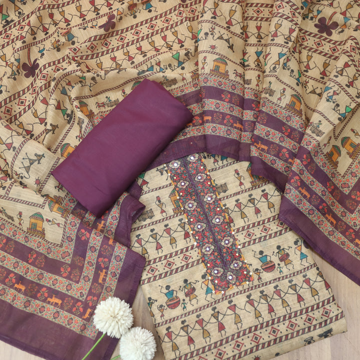 Reshmi Beige Patra Neck with Thread Details Wine Purple Verli Printed Cotton Linen Set D2