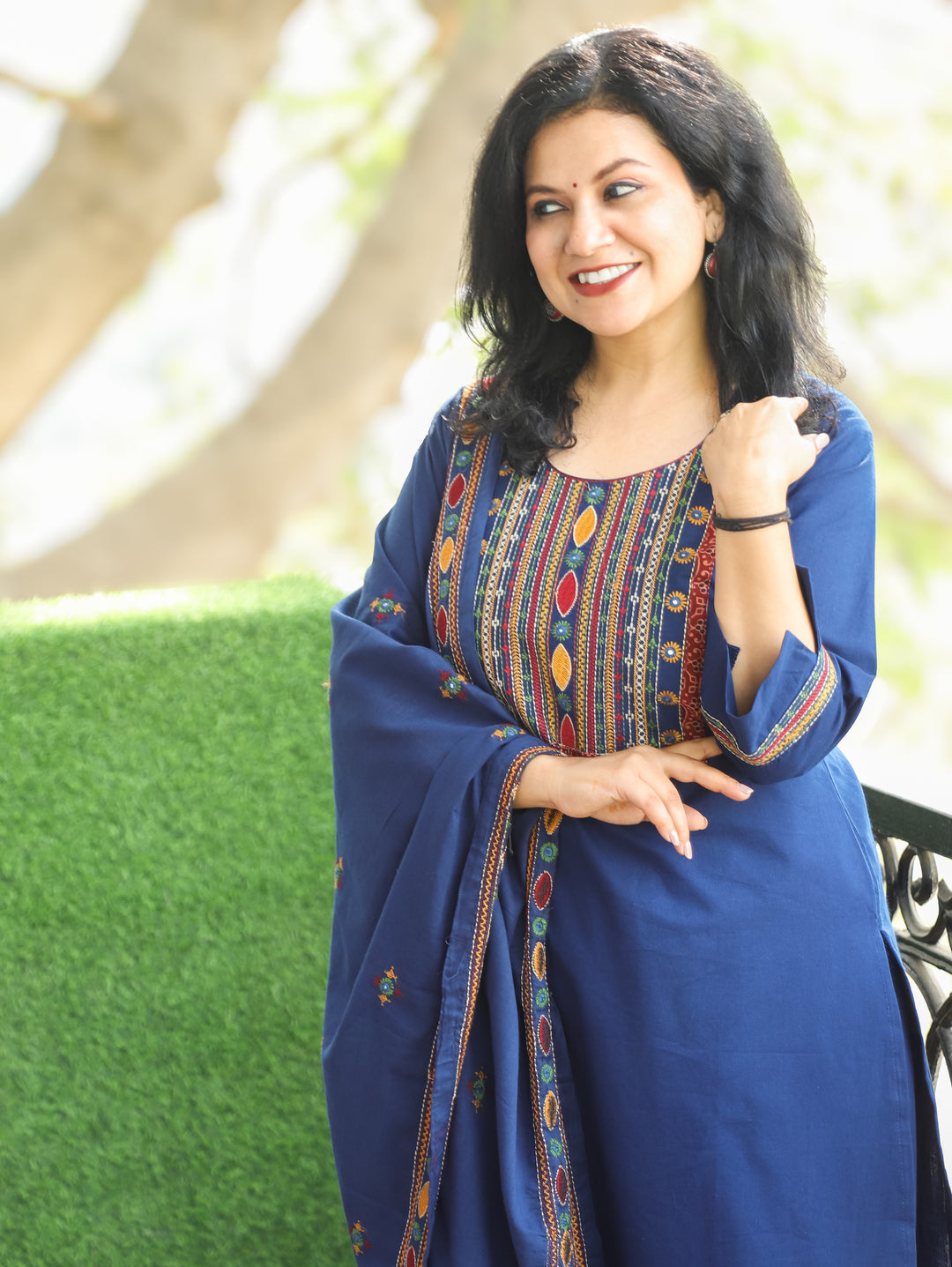 Laadli Royal Blue Embriodered Yoke with Patra Work Cotton 3 Piece Set