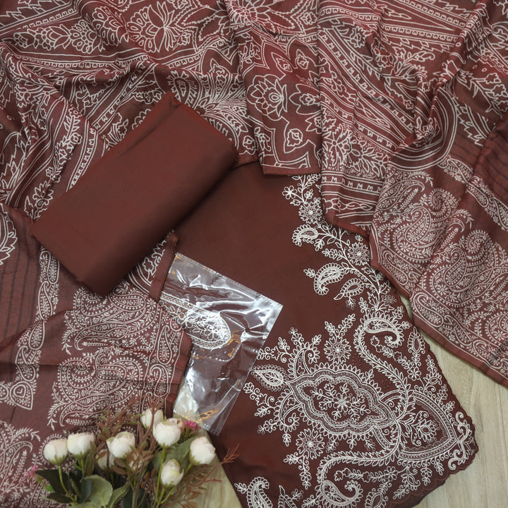 Aisha Choco Brown Embroidered Hem with Patch Semi Pashmina Winter Suit Set-D2