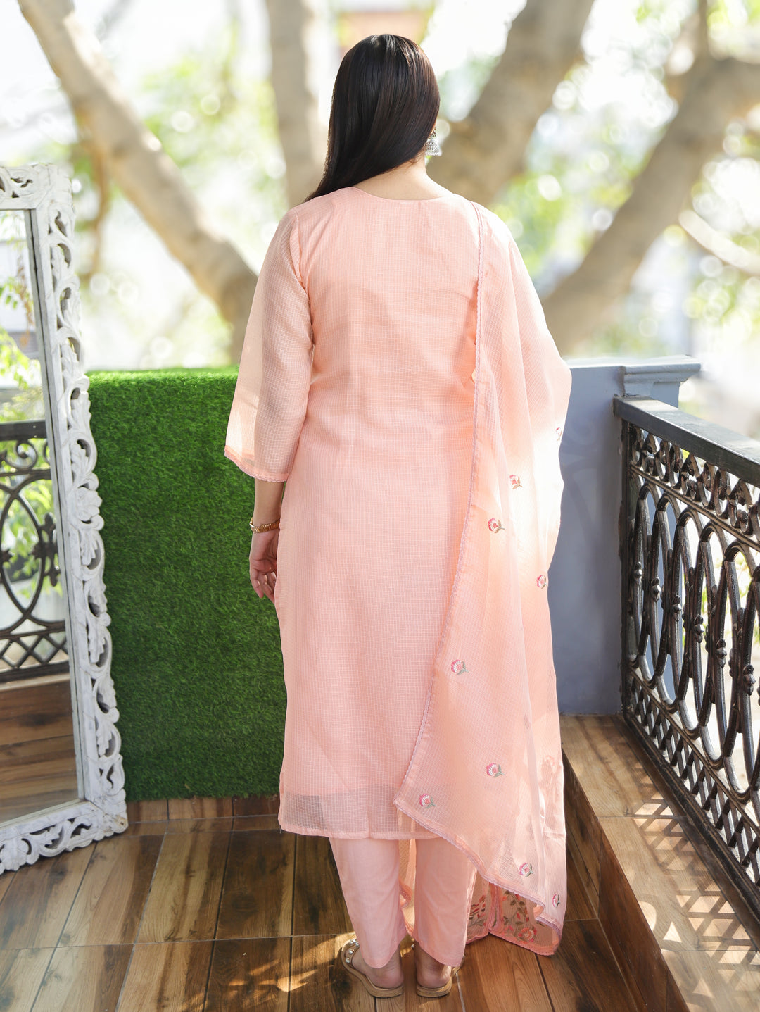 Aadhira Pastel Peach Embroidered Yoke with Moti Work Kota Doriya 3 Piece Set