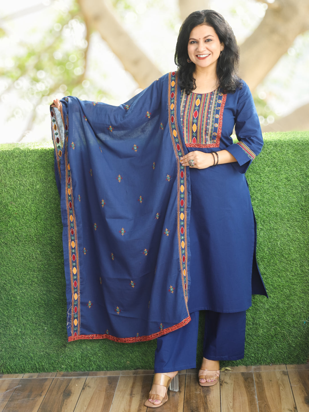 Laadli Royal Blue Embriodered Yoke with Patra Work Cotton 3 Piece Set