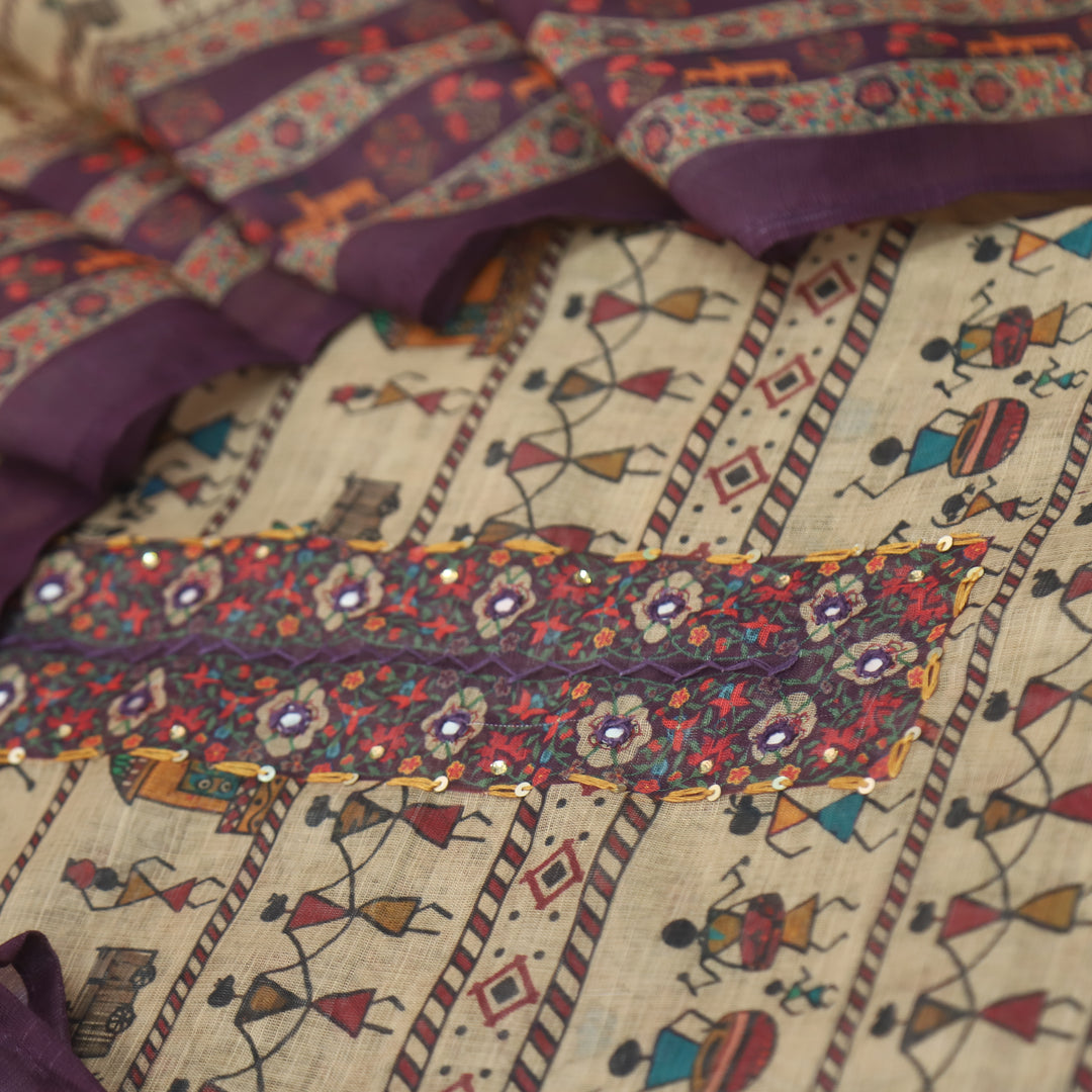 Reshmi Beige Patra Neck with Thread Details Wine Purple Verli Printed Cotton Linen Set D2