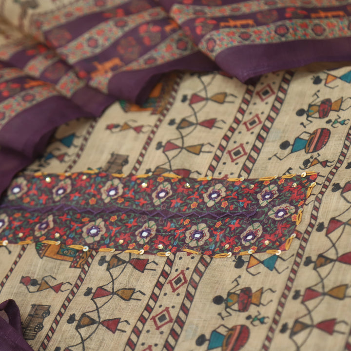 Reshmi Beige Patra Neck with Thread Details Wine Purple Verli Printed Cotton Linen Set D2