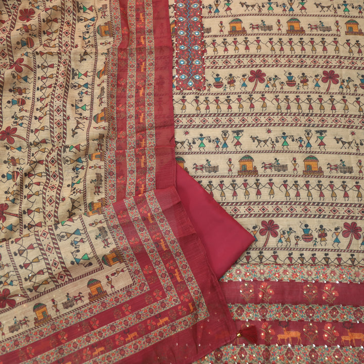 Reshmi Beige Patra Neck with Thread Details Mauve Pink Verli Printed Cotton Linen Set D2